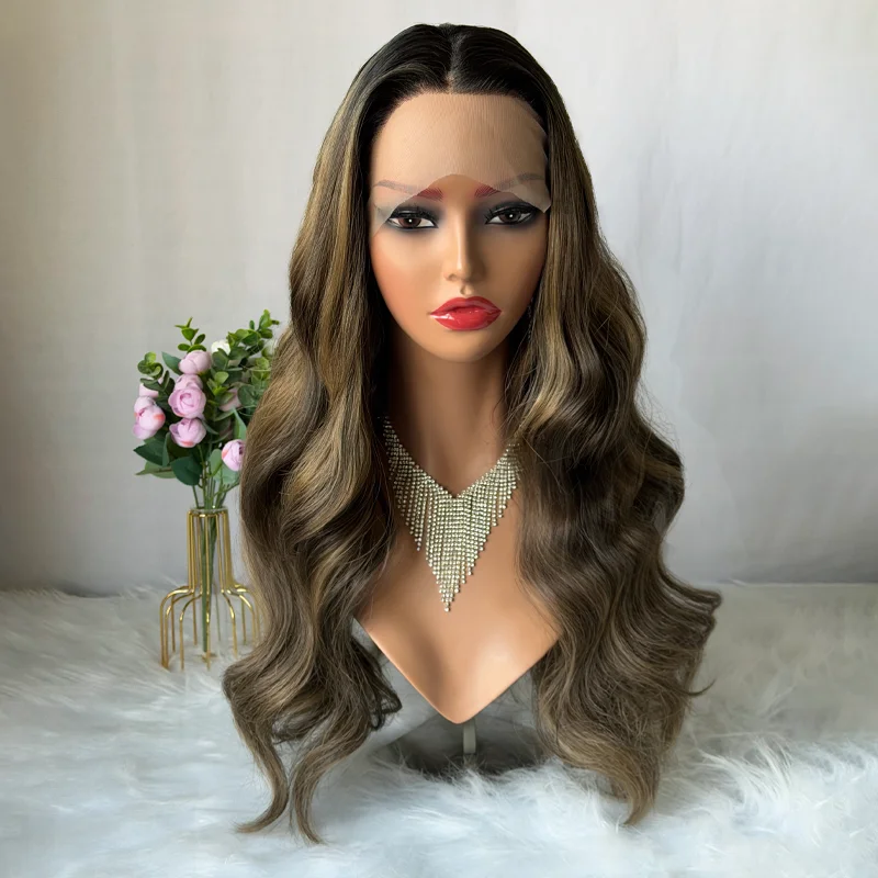 

24 дюйма Модные карамельно-коричневые блики с эффектом омбре, свободные глубокие волны, синтетические кружевные фронтальные парики средней длины, повседневные вечерние, для косплея