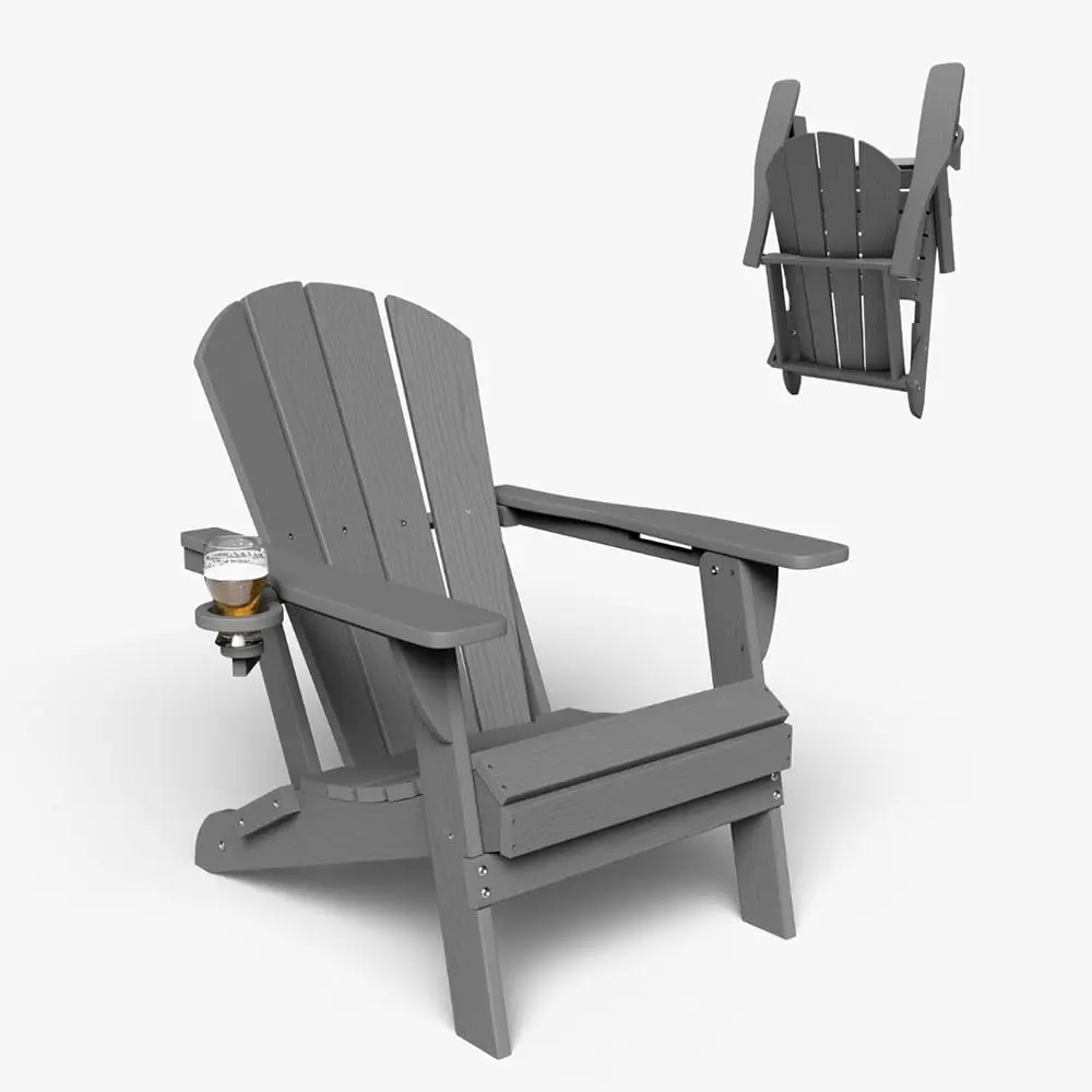 Folding Adirondack Chair with Cup Holders, HDPE Plastic Outdoor Chairs, Weather Resistant, Real Wood Look for Patio, Deck