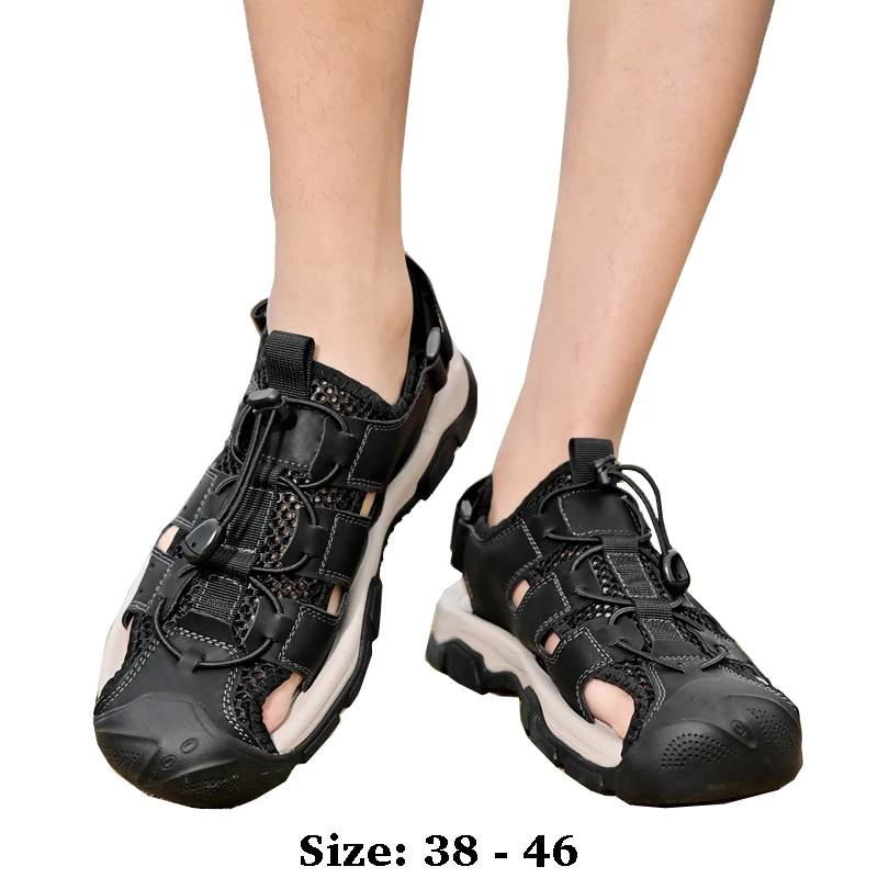 

Высококачественные кожаные сандалии на плоской подошве для мужчин с круглым носком, новинка лета 2025 года, размер 45, 46, повседневная обувь для прогулок на открытом воздухе, большие размеры, серо-коричневый