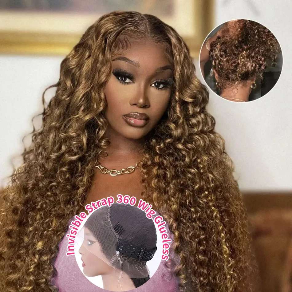 

427 Highlight 360 Full Lace Wig Human Hair Pre Plucked Hd Lace Wigs Curly Deep Wave Frontal Wig Honey Blonde Colored Wig 30 Inch