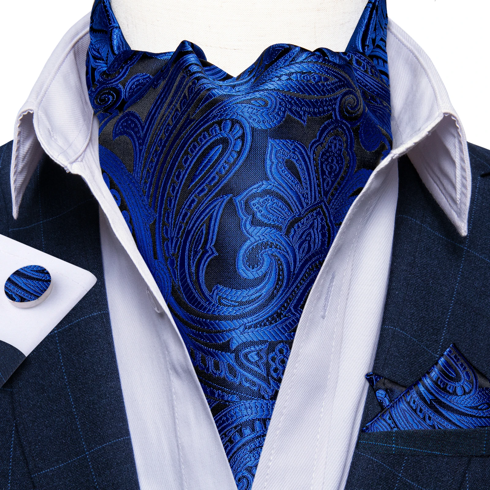 Ascot Ties for Men Luxury Paisley Floral Blue Black Cravat Necktie and Handkerchief Cufflinks Wedding Business Suits Accessories