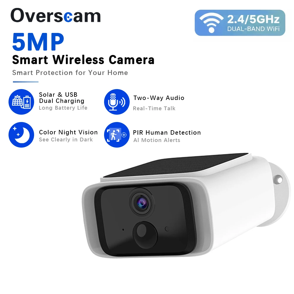 5MP Outdoor Solar Camera 2.4GHz 5GHz Dual Band WiFi Ultra Standby Time PIR Motion Light Color Night Vision With 4000 Battery Cam