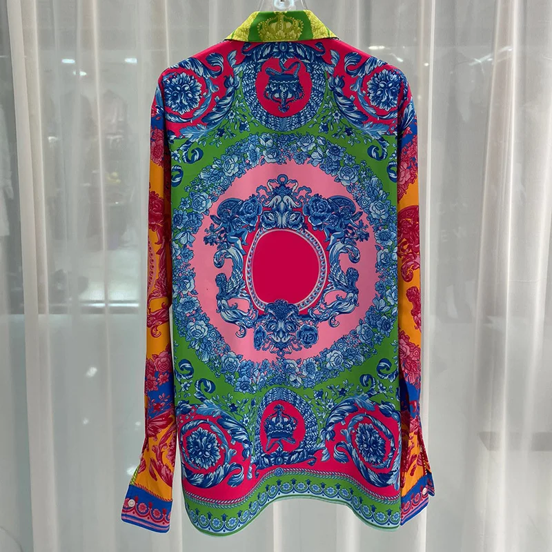 Camisa de manga larga de seda de hielo para hombre, ropa de salón con estampado gráfico, informal, color floral, corona, marca de moda, primavera y