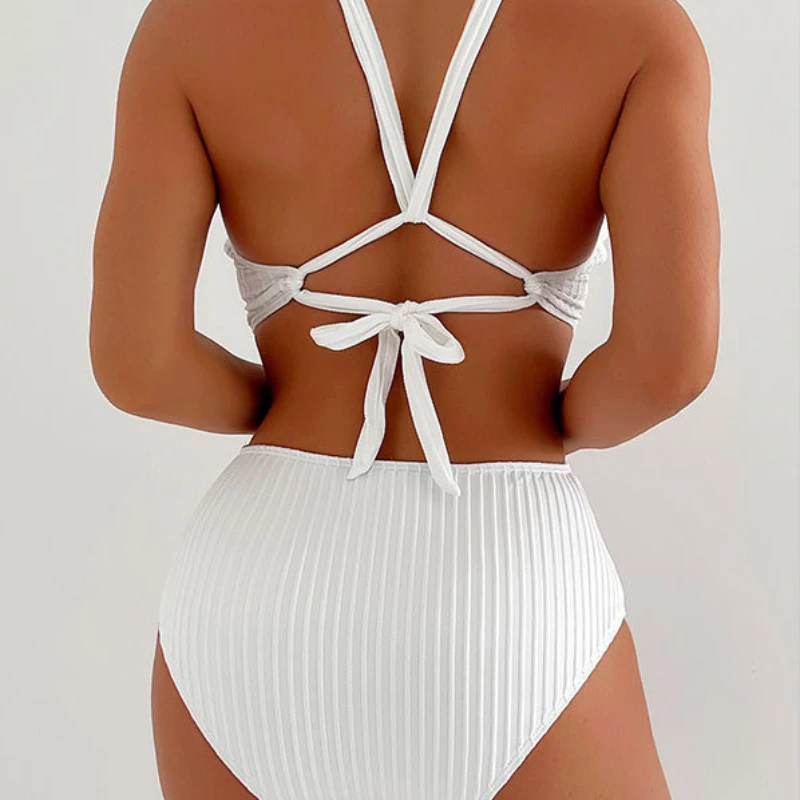 Summer Beach Style Women Bikini Neck Tie Backless Hollow Vertical Fabric Slim White High Waist Female One Piece Trendy Swimwear