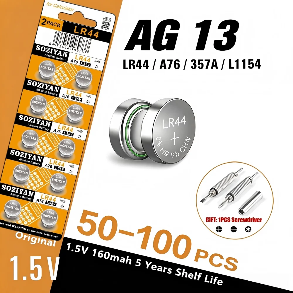 NEW 50-100pcs LR44 AG13 160mAh Button Cell Battery 1.5V 357 SR44 LR1154 Button Batteries For Watch Calculator Toy Remote Coin Cell