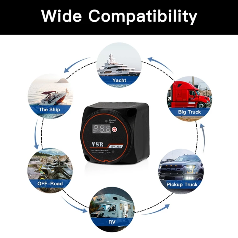 معزل ذكي مزدوج البطارية ، مرحل رقمي حساس للجهد ، شحن سبليت VSR ، سيارة ، RV ، 12V ، 140A