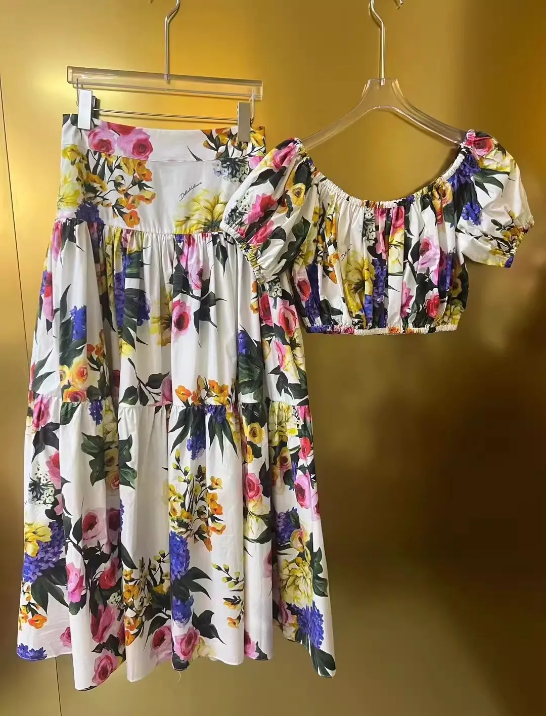 Summer Holiday Floral Print New in Matching Set Sexy Off Shoulder Cropped Tops Long Maxi Skirt Two Piece Oufits For Women