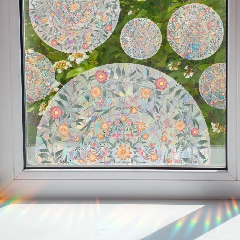 Round Floral Window Stickers Colorful Sunlight Electrostatic Stickers Glass Showcase Stickers Home Background Window Decoration
