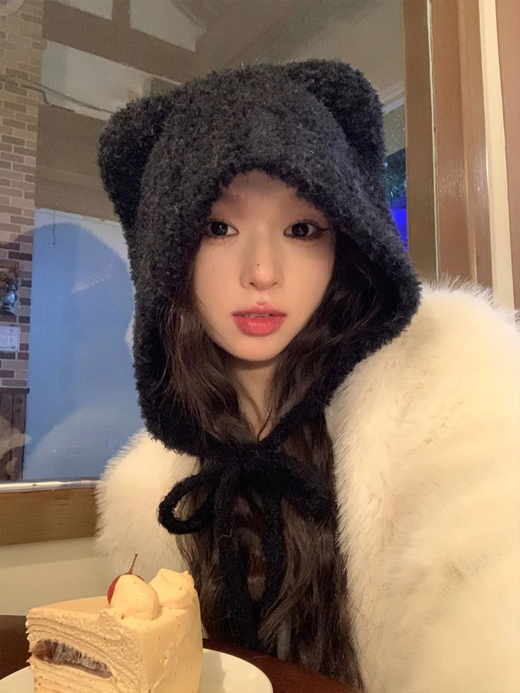 AliExpress MAZIAO Women Winter Warm Cute Beanie with Bear Era Decoration,Outdoor Leisure Cycling Knitt Thick Fluffy Skull Cap for Holiday Travel