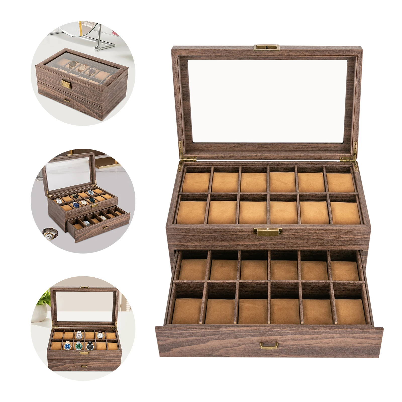 2-Tier Watch Box with 24 Compartments Wood Watch Case for Men Women Large Capacity Watch Storage Case Watch Holder Organizer