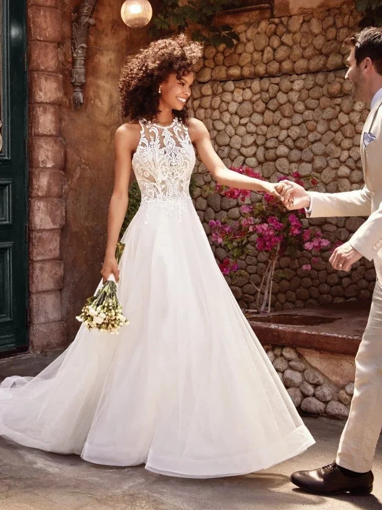 Robe de mariée en tulle avec appliques A-Line, robe de mariée élégante et élégante, col haut, grande taille, train de balayage, 2024