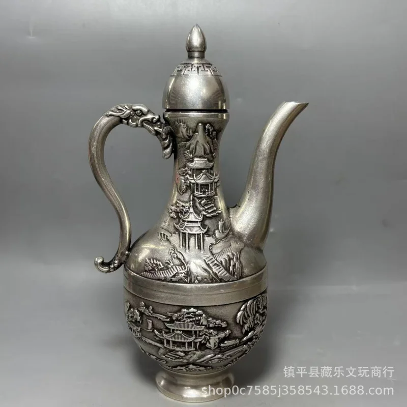 Antique collectible utensils, white , household , vintage silver-plated copper wine flask, decor