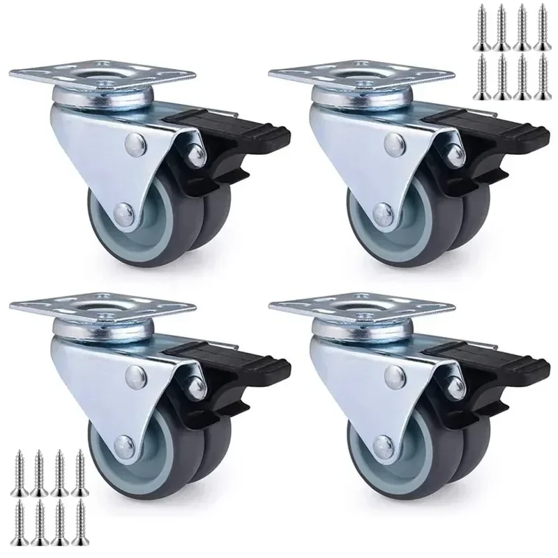 4Pcs 2 Inch Flat Double Row Universal Caster With Brake Rubber Mute Furniture Electric Industrial Cart Heavy Wear Resistant