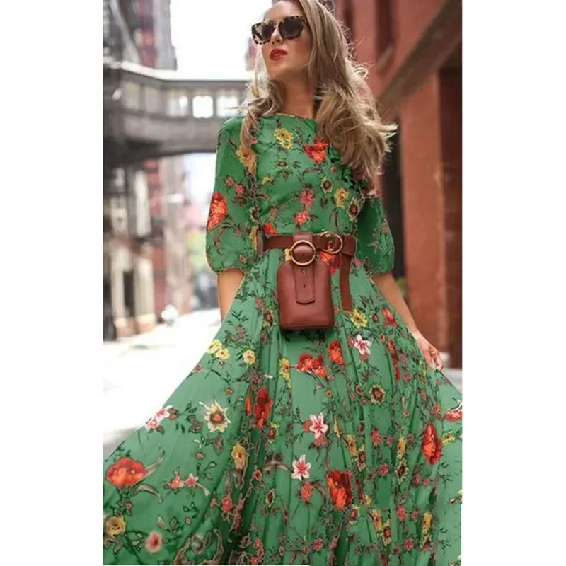 

Vintage Women's Spring and Autumn Women's Dress New Elegant Printed Round Collar Long Sleeve Dress Casual Tunic Slim Pullover