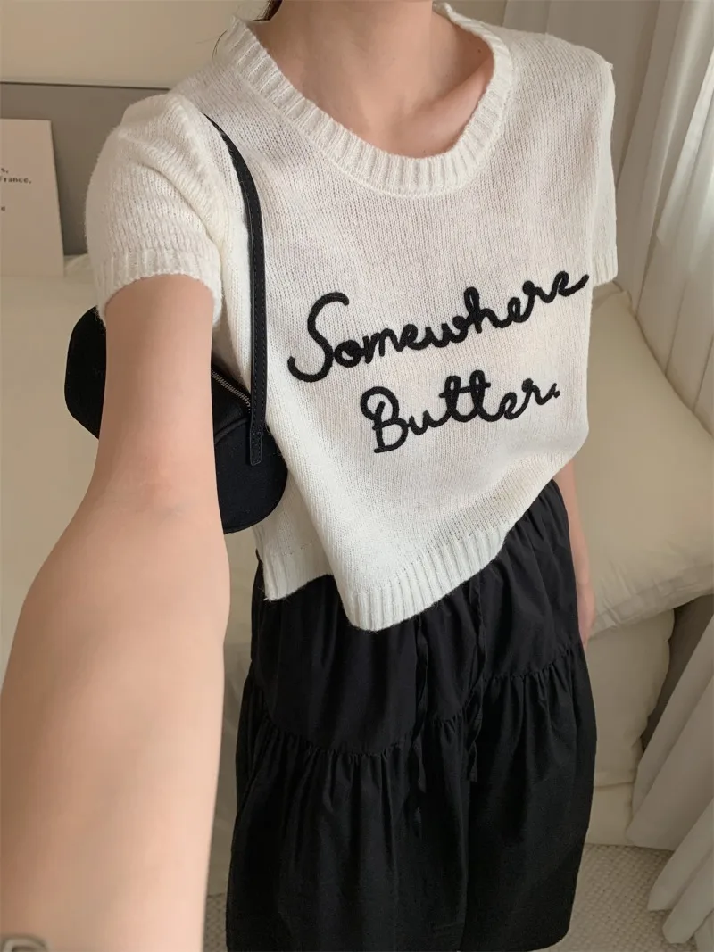 Embroidery Letter Ropa Mujer Hit Color Women Tops Round Neck T Shirt Short Sleeve Camisetas Office Lady All Match Clothes