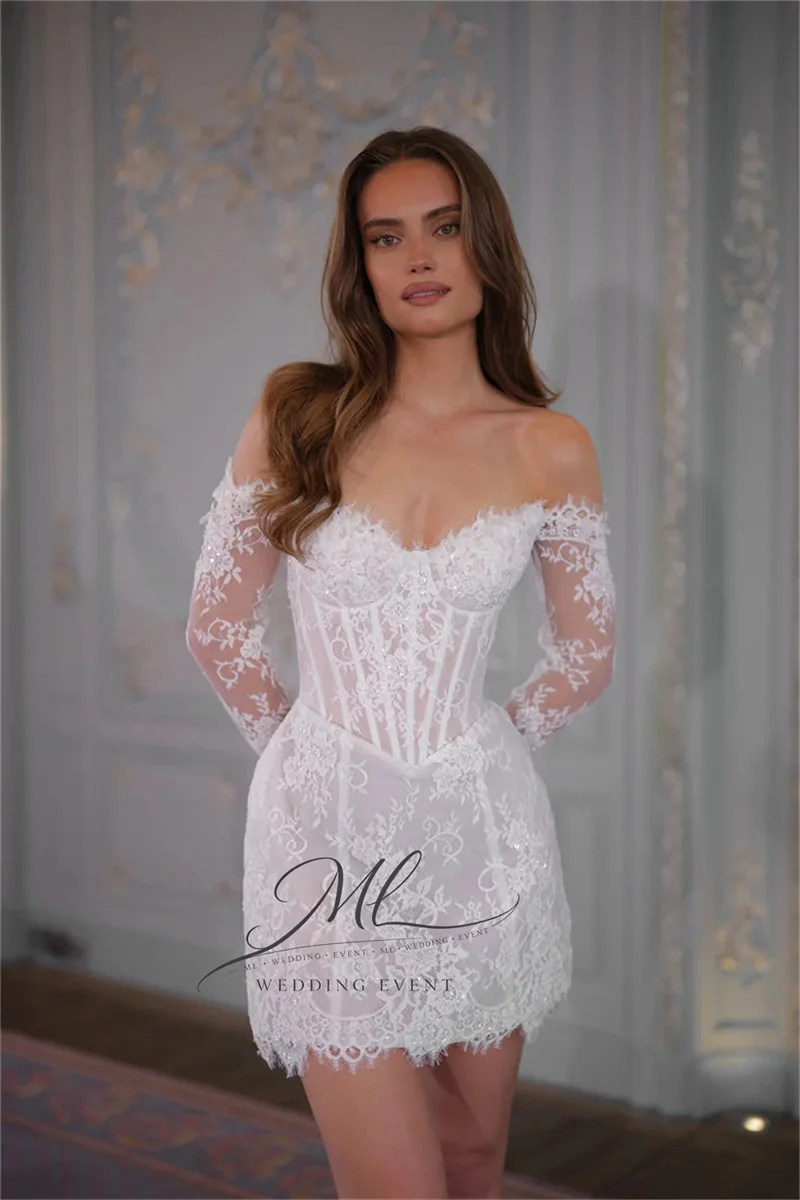 

ML Customized Exquisite Lace Aplliques Short Wedding Dress Lace-Up Long Sleeve فستان زفاف Mini Party Gowns Bride