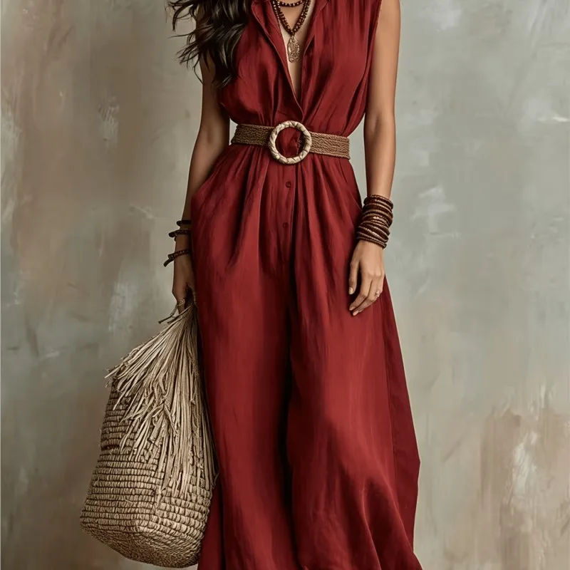 2026 New Summer Women's Jumpsuit Solid Color V-neck Waist Cinching Temperament Elegant Commuting Sexy Fashionable Jumpsuit Pants
