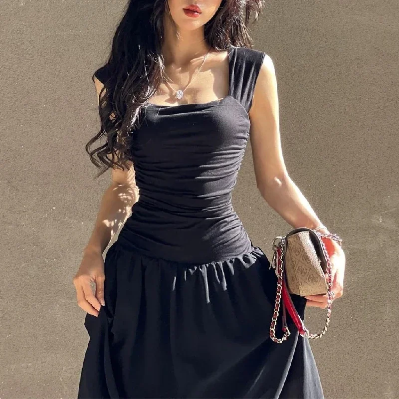 

2026 Summer New Women's Fashion Casual Square Collar Wrinkle Waist slimming Mesh Vest Long Dress Sexy Elegant Solid Color Dress