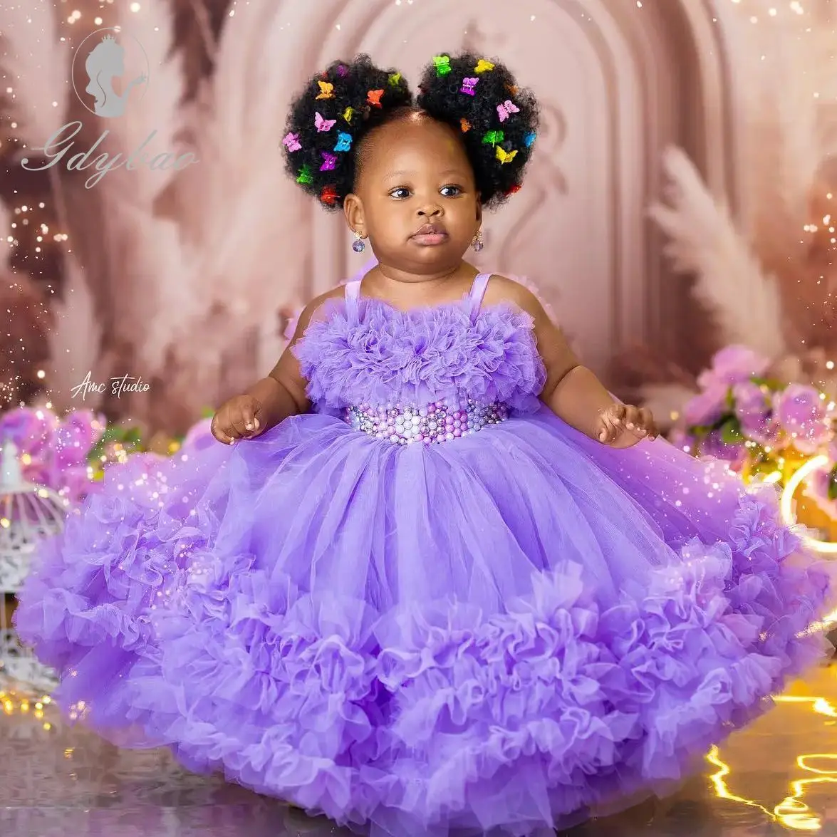 

Purple Flower Girl Dresses Lavender Pearls Girls Birthday Party Dresses Beaded Ruffles Baby Kids Ball Gowns for Photo Shoot