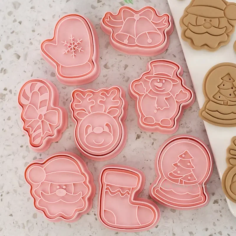 8 Pieces Christmas Cookie Cutter Press Santa Claus Biscuit Mold Cookie Stamp Plastic Confectionery Kitchen Baking Pastry Tools