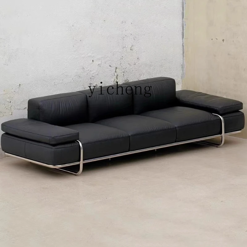 

ZC retro minimalist black leather large and small apartment three-person straight row stainless steel sofa