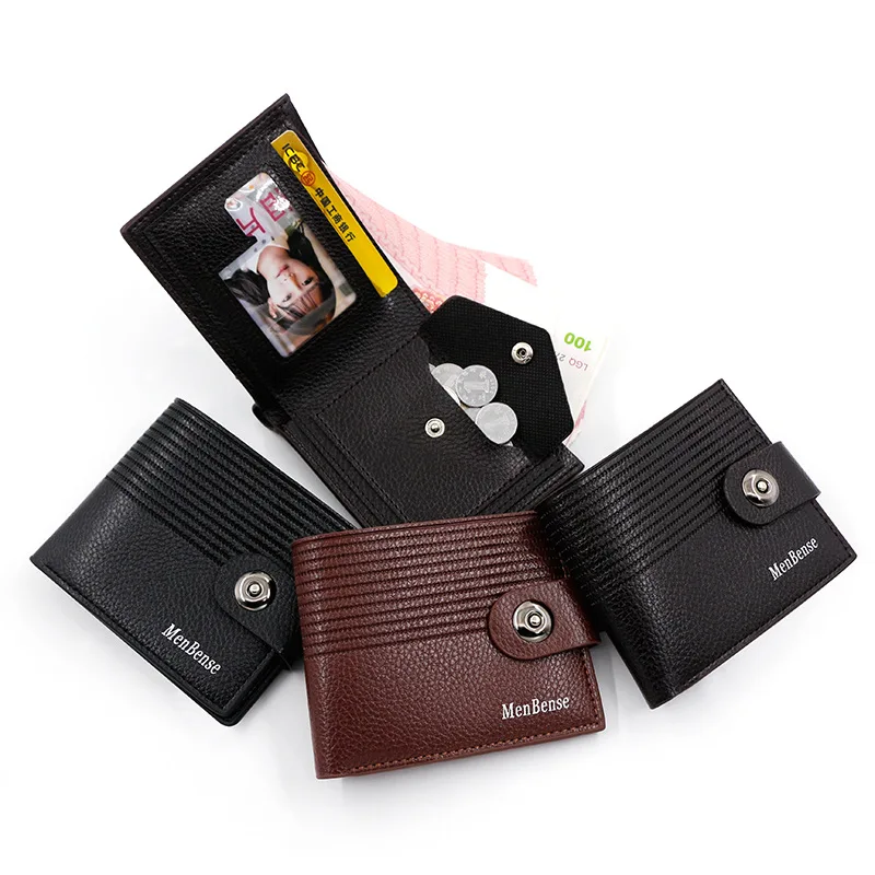 

Fashionable stripe embossed magnetic button men's purse short simple thin leather clip silver bag zero wallet men's wallet