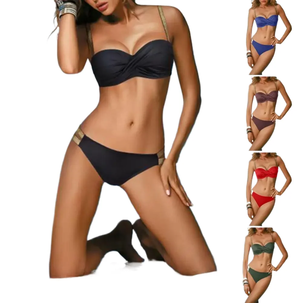 

Sexy Golden Waist Belt Bikini Set Solid Color Summer Women Push Up Gathering Swimsuit Female Bathing Suit for Swimming Pool