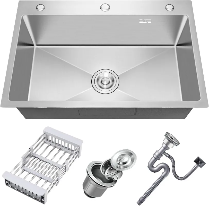 

32 x 18 Inch Drop in Kitchen Sink, Nano-Coated Topmount Single Bowl Stainless Steel Sink with Drain Kit Baskets