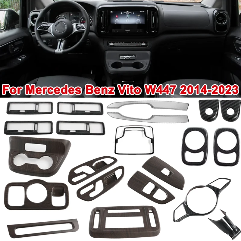 

For Mercedes Benz Vito W447 2014-2023 Interior Steering Wheel/Water Cup Holder/Window Switch Frame Trim Carbon Fiber/Wood/Silver