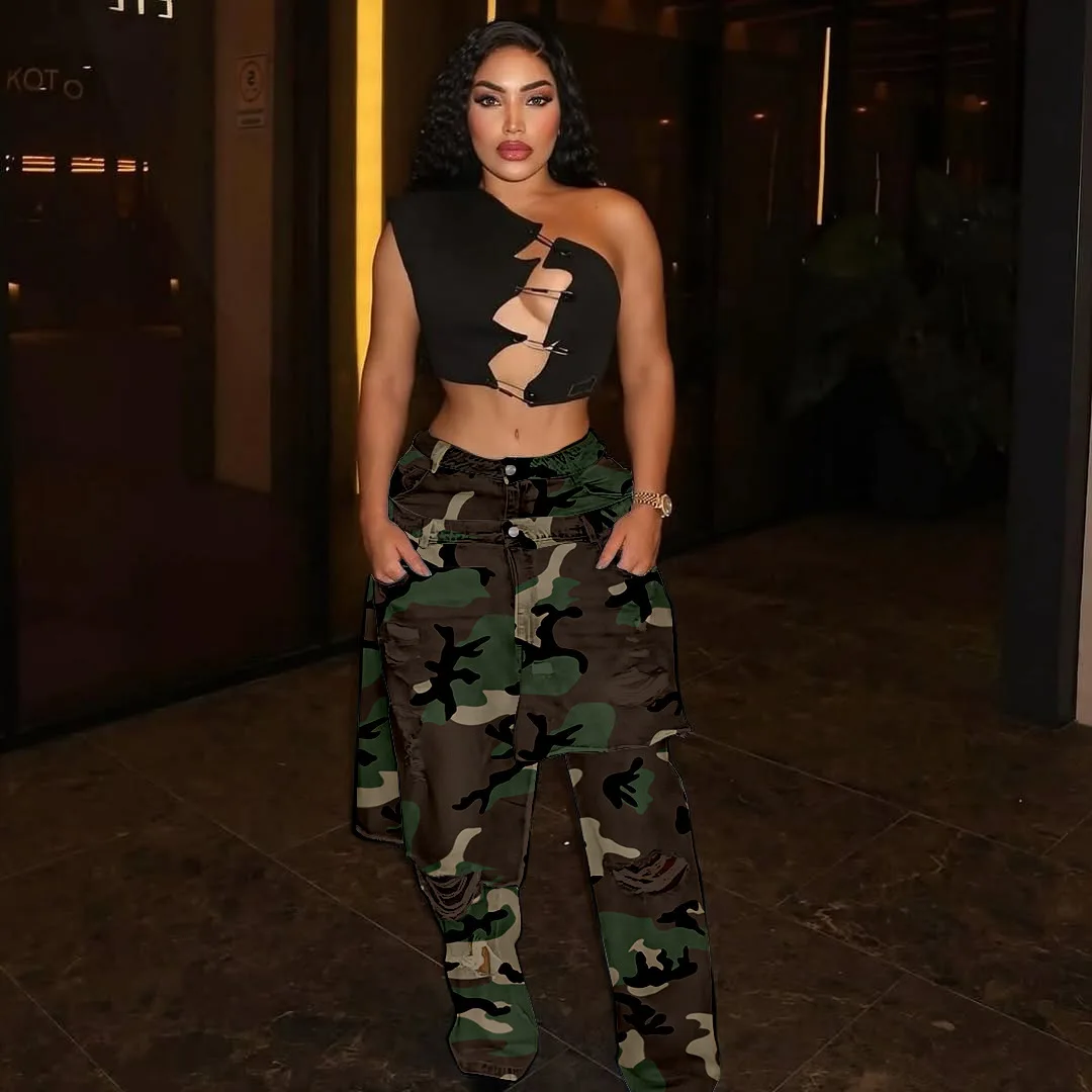 Camouflage Jeans for Women Distressed Patchwork Straight-Leg Denim Trousers High Street Casual Pockets Asymmetric Jeans