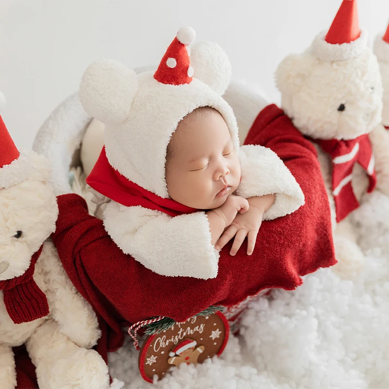 Tuta natalizia per neonato Puntelli per fotografia neonato 0-1 mesi Abito caldo per bambino con cappello, orsacchiotto in posa per bambola Servizio fotografico in studio