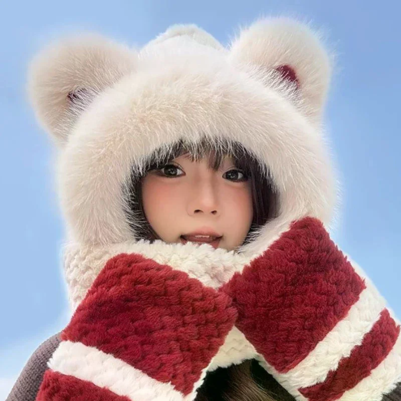 قبعة قطيفة عصرية جديدة دافئة مقاومة للبرودة، قبعة، وشاح، قفازات وأغطية للأذنين أربعة في واحد، حماية أذن سميكة للشتاء لركوب الدراجات