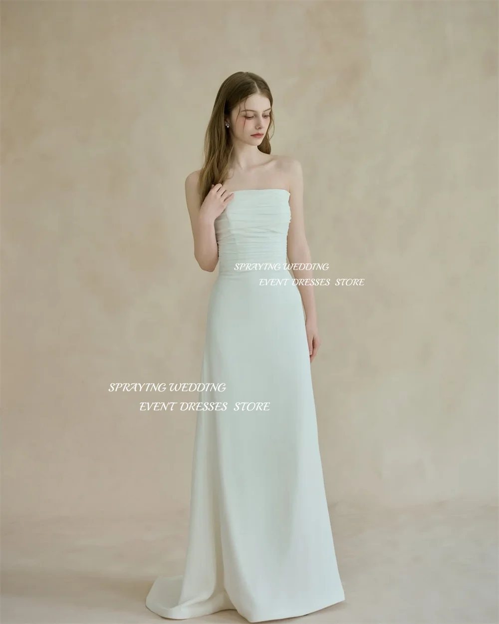 스프레이 심플 아이보리 웨딩 드레스 한국 사진 촬영 Strapless Pleat Floor-Length Bridal 가운 코르셋 웨딩드레스 맞춤형