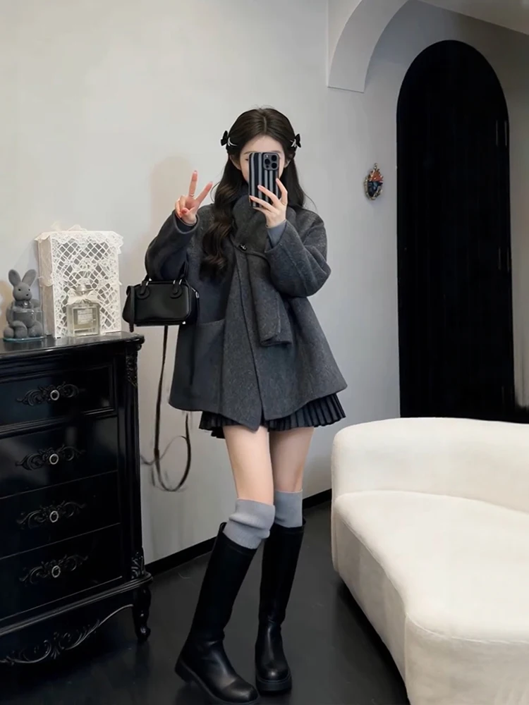 

Deep Grey Woolen Coat And Short Skirt Set plus Size Winter Fashion Korean Style Warm And Stylish Two-Piece Suit for Women