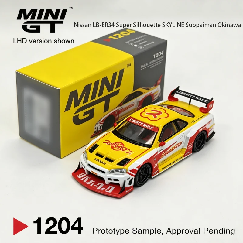 MINIGT 1:64 1204 LB‑ER34 Super Silhouette MGT01204 Modelo Diecast RHD Amarelo Branco Vermelho Número 58 Original Lacrado Em Estoque