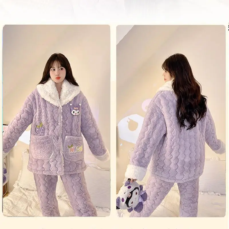 Sanrio Flannel Flip Collar Thickening Three Layer Cotton Pajama Set Kawaii Kuromi Comic Girl Winter Keep Warm Home Clothes New