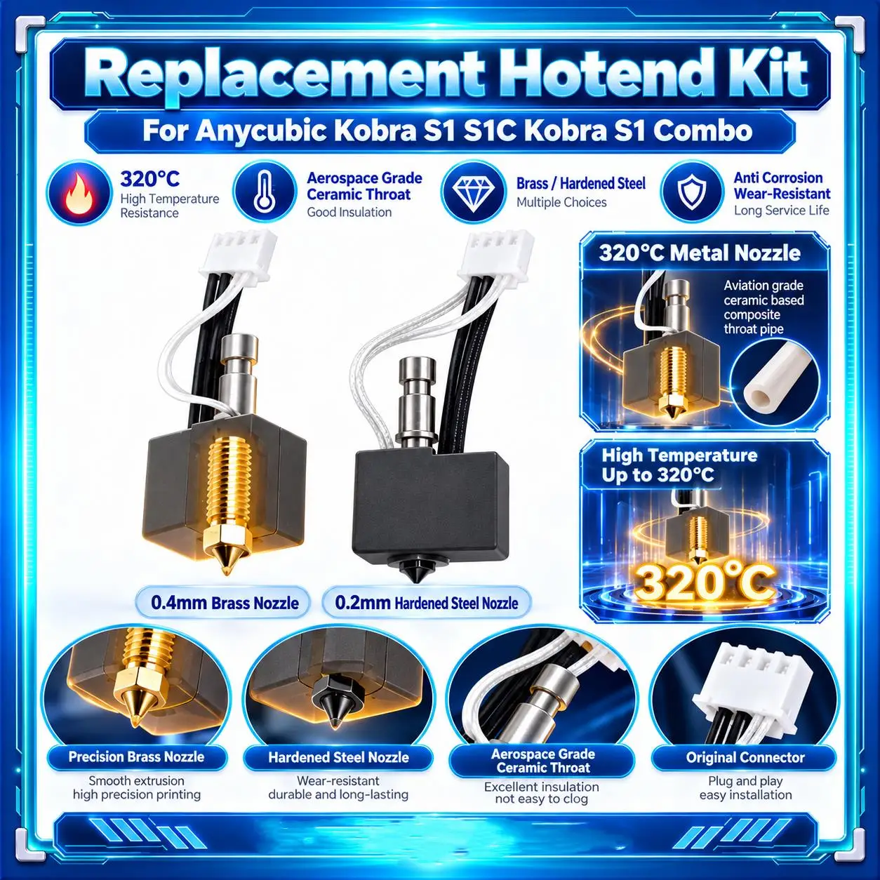 Replacement Hotend Kit for Anycubic Kobra S1 S1C Kobra S1 Combo, Heating Block 0.2/0.4/0.6/0.8mm Brass & Hardened Steel Nozzles