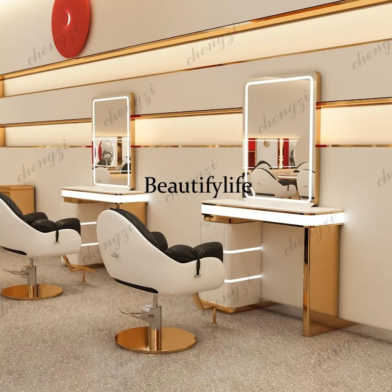 Barber shop perm, dye and cut hair mirror, hair shop double-sided mirror table, floor-to-ceiling marble for hair salon