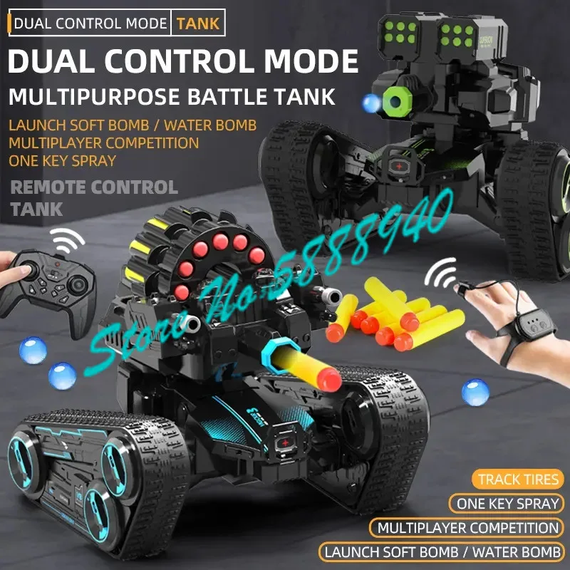 

Dual Control Gesture Sensing Remote Control Two-Wheel Tank Battle Spray Truck 2.4G Launch Bomb One Key DEMO Off Road RC Tank Toy