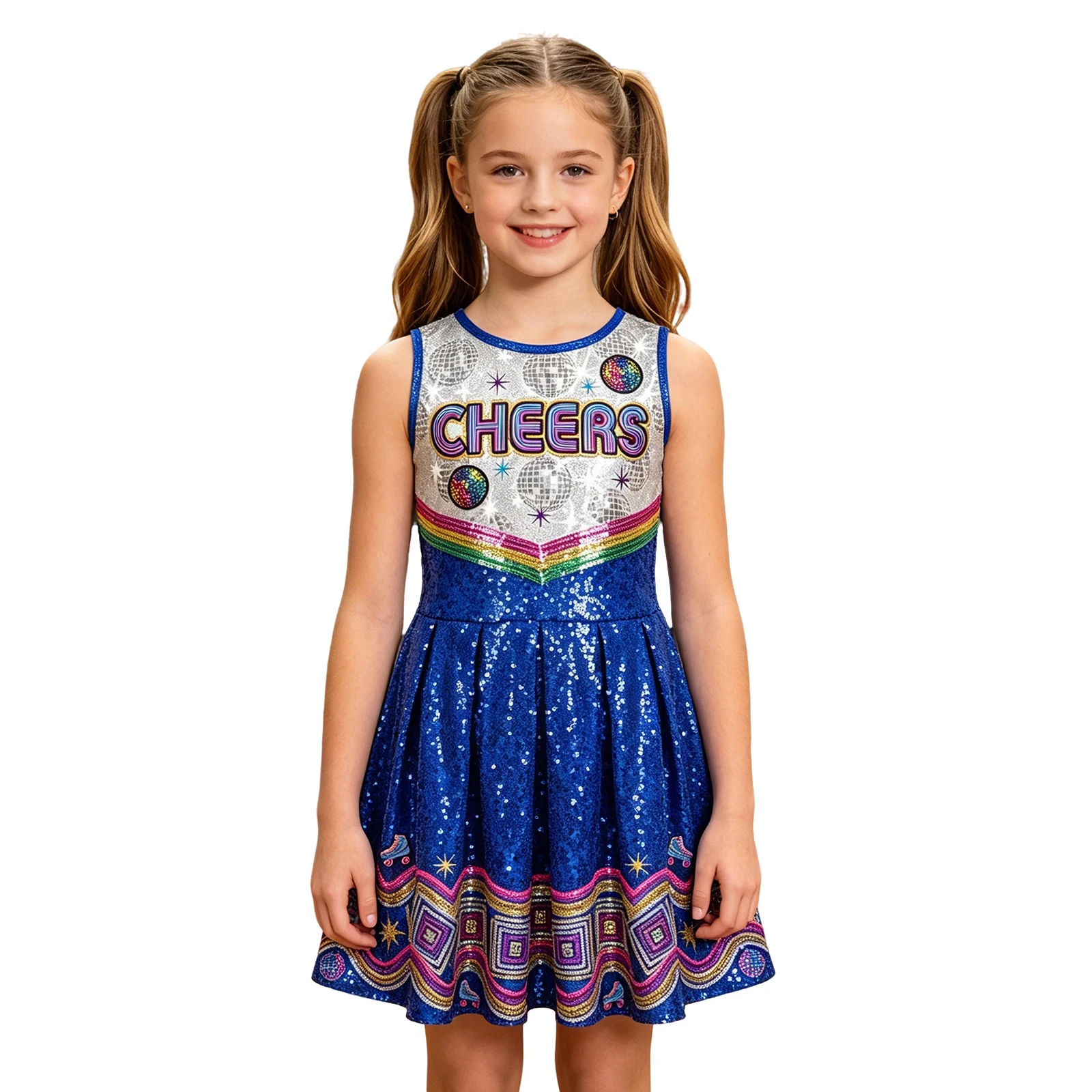 Shiny Kid Girls Sequins Cheer Leading Dance Dress Sleeveless Ruffle Aline Dress Cheer Leader Performance Gown for School Sports
