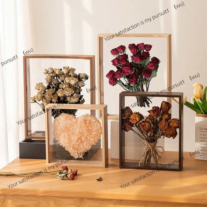 Deep transparent shadow box frame, flower box for bouquet display, for crafts, 3D images, memory, wooden table