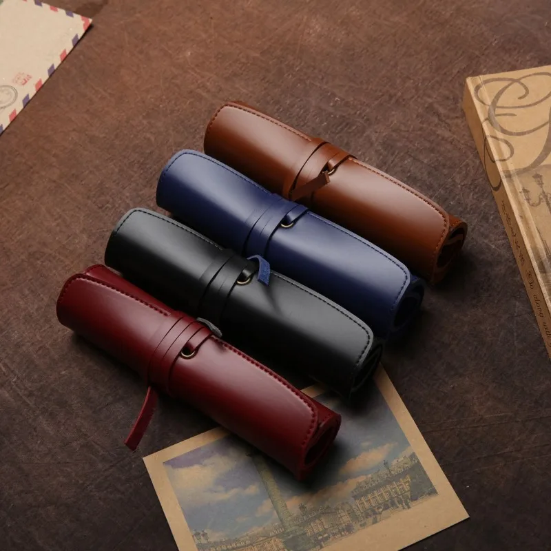 

Vintage Student Pencil Case Leather Pencil Cartridge Snap on Portable Pencil Bags Literary Style School Supplies