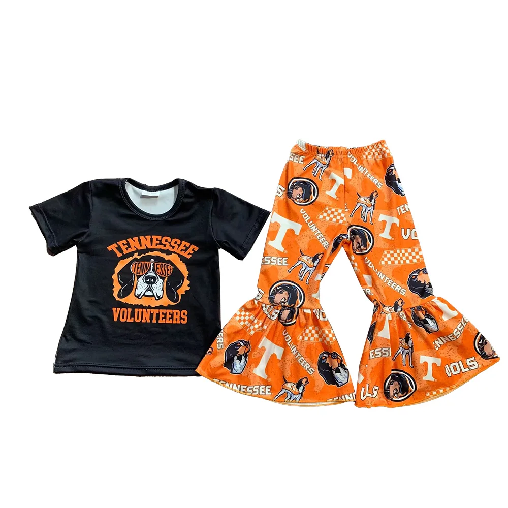 Boutique Team Girls Sets Short Sleeve Shirt Kids Clothing Baseball Print Bell Pants Outfits