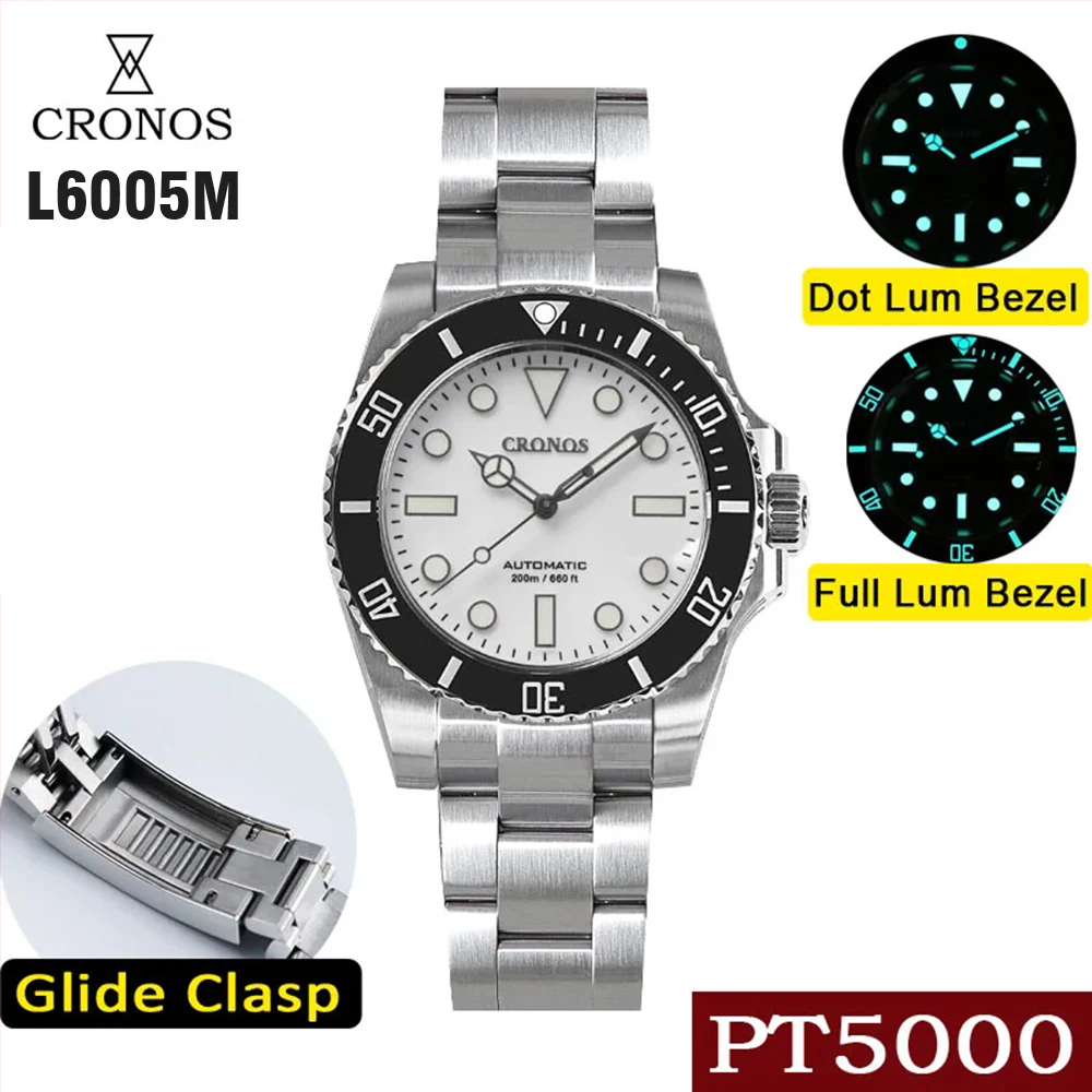 

Cronos Sub Diver Men Watch Black&White No Date PT5000 Bracelet Ceramic Rotating Bezel 200 meters Water Resistant Glideclasp