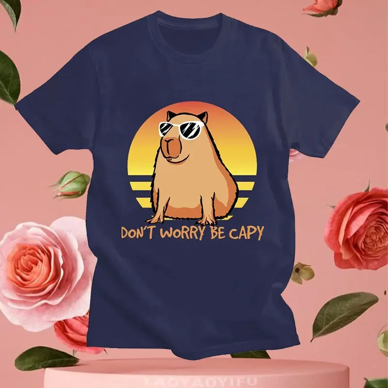 Grappig Maak Je Geen Zorgen, Wees Cappy Capibara Katoenen T-Shirt Dieren Bedrukt Mannen T-Shirt Losse Casual O-hals Unisex Tees Streetwear