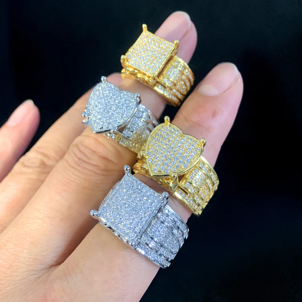 New 14K Gold Filled Exquisite Big Heart Ring Micro Pave Diamond Ring Fully Iced Out Bling Hip Hop Punk Men Women Jewelry