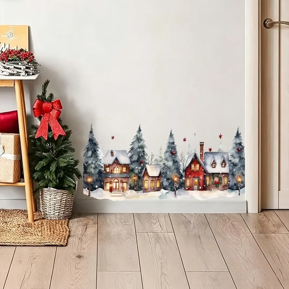 Waterproof Christmas Village Window Stickers Watercolor Style Static Adhesive Village Window Decals Snowy House Pattern