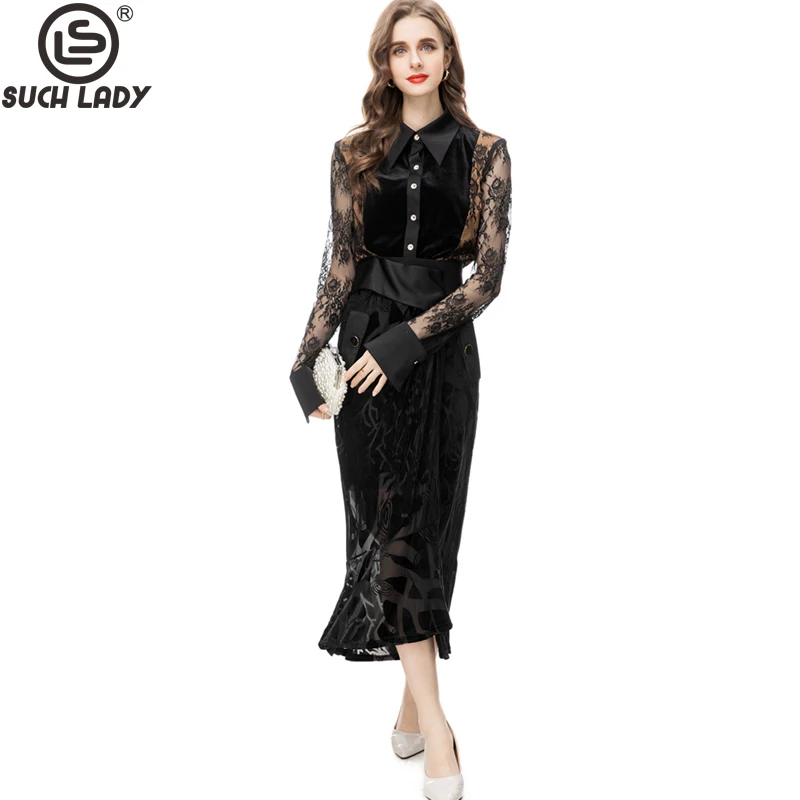 

Women's Runway Designer Two Piece Dress Turn Down Collar Long Sleeves Lace Shirt with Printed Pencil Skirt Twinsets