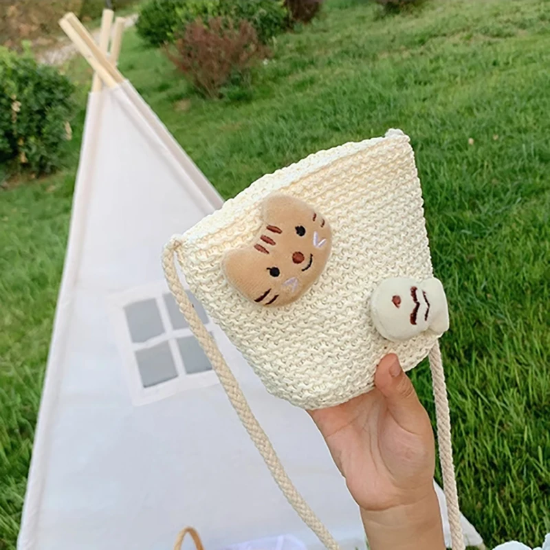 Children‘s Cute Cartoon Crossbody Bag Rattan Straw Shoulder Bag Boho Beach Woven Handbag Purse Leather Messenger Bag