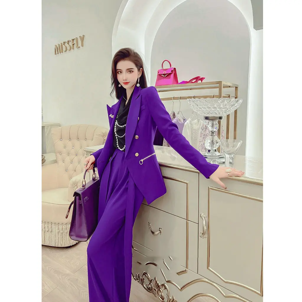 Women\'s Fashion Purple Color Blazer Set 2024 Spring Autumn Double Breasted Two Pieces Suits Elegant Ladies Blazer Coat +Trousers